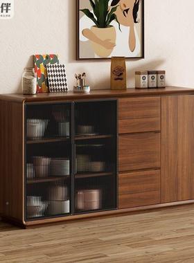 新中式户型超薄餐边柜靠墙一体柜小客BZL厅简胡桃木色厨房储物边