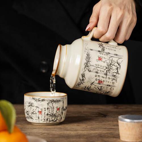 汝窑墨茶壶泡茶家用创中式温瓶暖壶B9182保大意容量焖茶壶单竹壶
