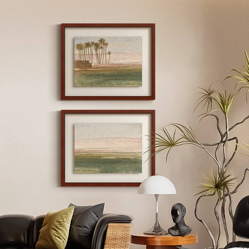 《棕榈平原》水彩风景挂画法式中古风客厅玄关立体装裱复古装饰画图片