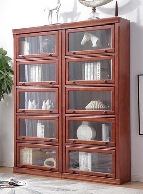 整UUG美式全木书柜落地带玻璃实门一体厅墙书架客防尘置物柜展示