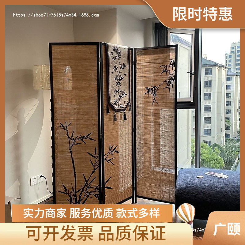 广颐新中式隔断屏风茶楼国风竹影主题装饰墙背景茶室竹编围挡阳台