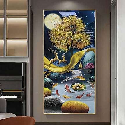 新玄e关过道装饰画瓷镶钻带ldHS-09040灯光挂画鱼图走廊入户墙20