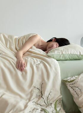 轻奢A兰天丝棉件套夏精季丝类滑床单被521521套四凉感裸睡刺绣床