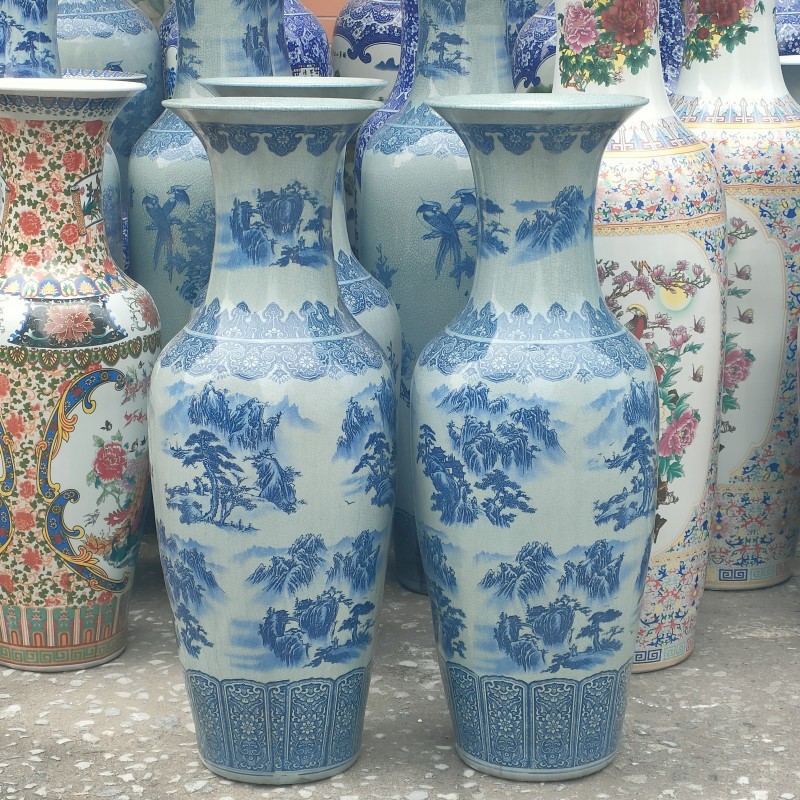 仿古青花山水牡丹裂纹釉落地花瓶