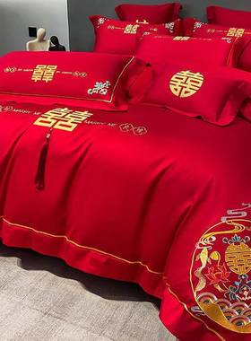 高档OLY龙凤刺被绣全棉结四件套红色床单套磨绒婚庆四套床婚上用