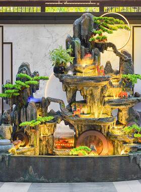 大型假山瀑流水泉户庭XVZ院鱼池造景观循环流水布招财风外喷水轮