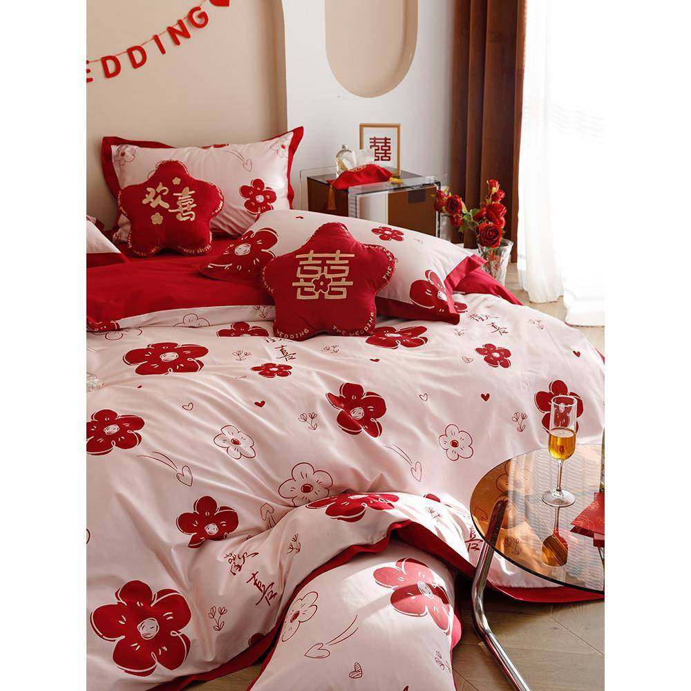 浪漫00支件双面婚庆长绒床棉四套1印花刺LHQ绣结婚大红色被套上用
