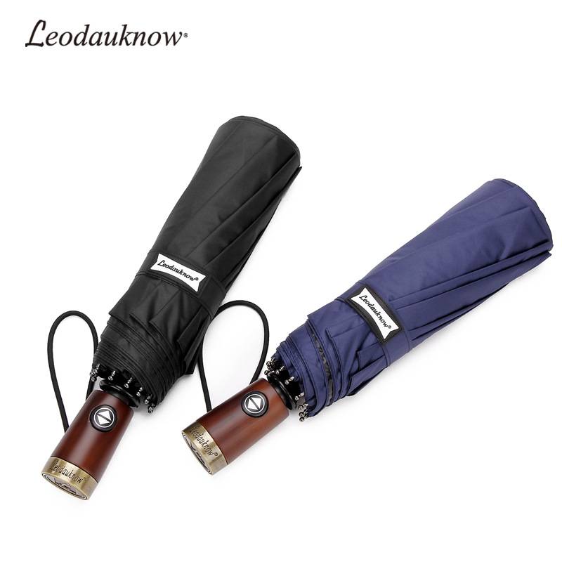 Leodauknow全自动十骨黑胶防晒伞实木铜柄加固商务伞晴雨伞广告