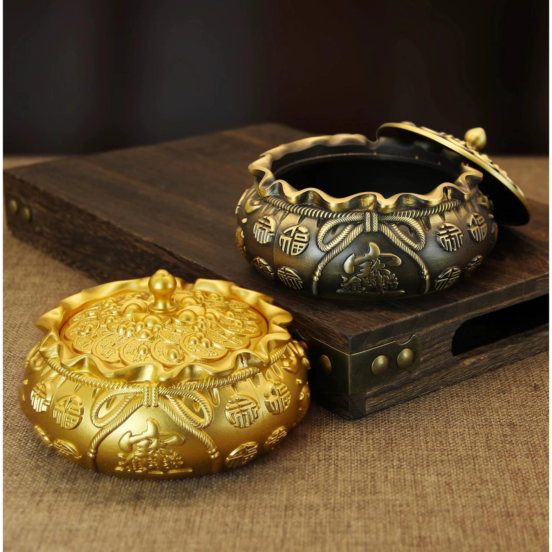 纯黄铜烟灰缸钱袋百富财富宝藏古董带盖创意家居祝福乔迁开幕礼