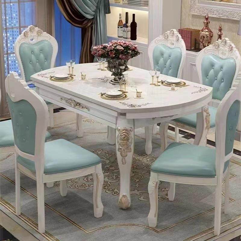 欧式餐桌椅组合大理石桌子实木雕花端ARD可高伸缩两折方叠圆用餐