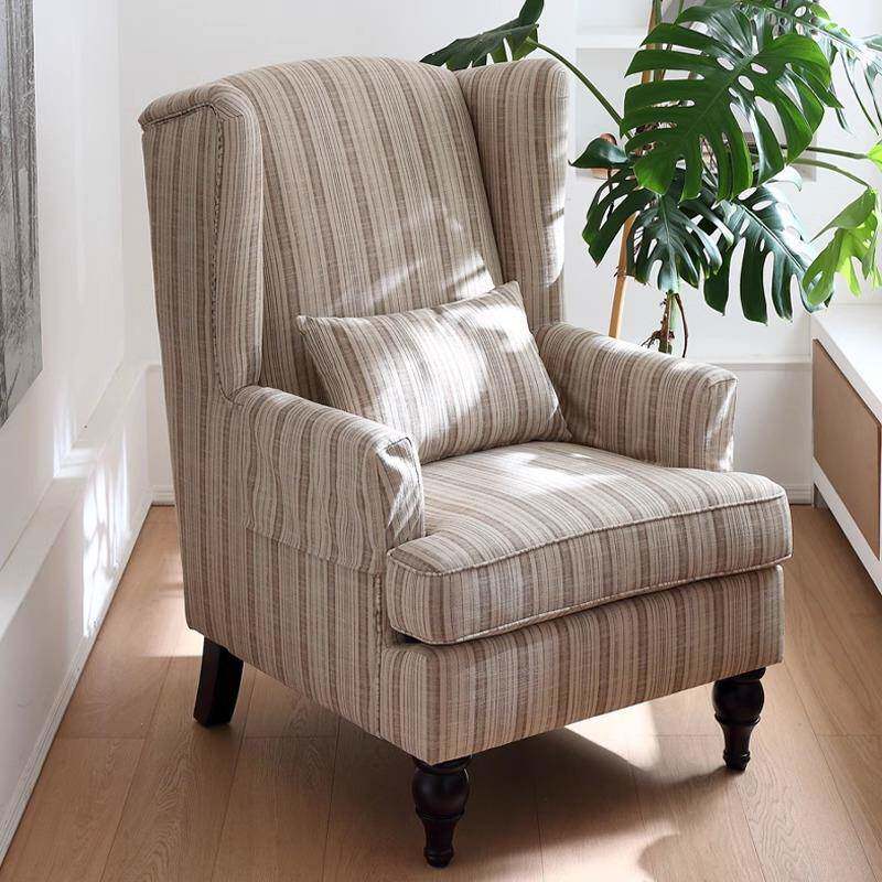 纹美阳式轻奢客棉FS758587麻布艺老虎椅厅条休闲椅实木台单人沙发