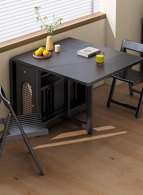 法式复古实MVL木折叠餐桌黑色型中古家用客厅小户风移可动伸缩饭