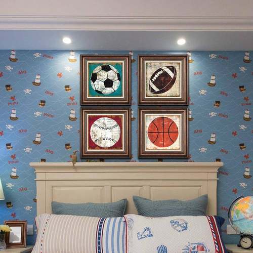 儿童房装EUC饰画客卧室床头厅壁画合美式挂画组男孩女玄关篮球孩
