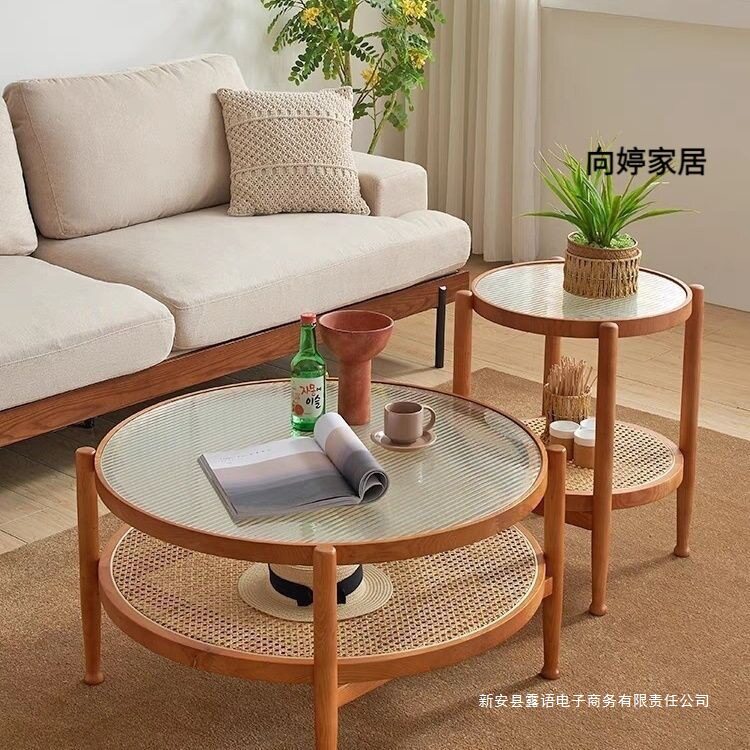 日式实木藤编玻璃茶几组合