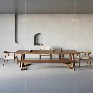 实木夫大板茶桌茶椅XTZ组合然边台家用客自厅功泡茶台黑胡桃色茶