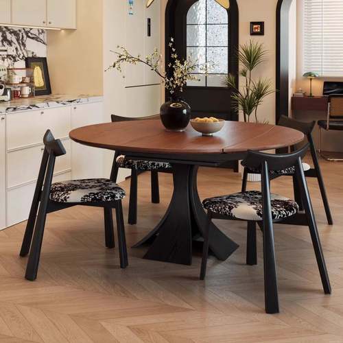 式复折古叠餐桌可变美圆桌2025新款伸缩圆形法式JXO中古实风木小