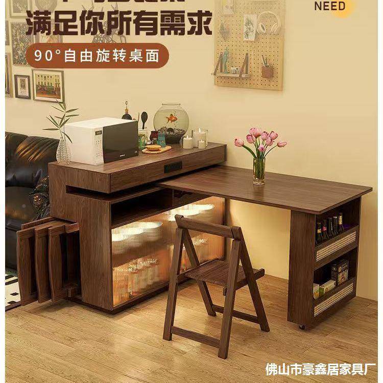 实木旋转岛餐台餐桌可伸缩小户GGL吧古型一体家用多功能复风台桌