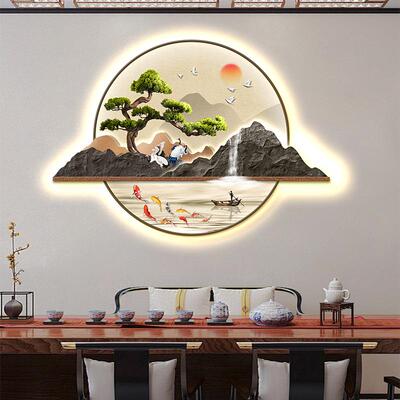 禄迎松入玄关福装画饰新中式ERK山水酒店户过道壁画led带灯茶室挂