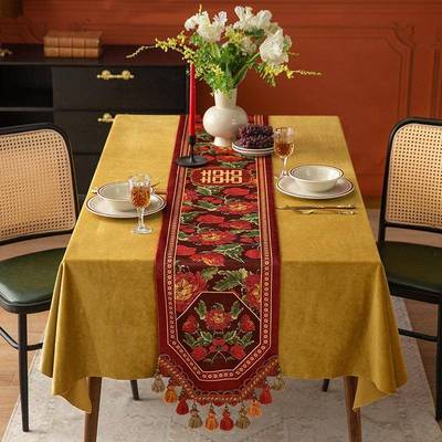 玫红色桌旗FJM结婚床喜旗氛围感新中式复古婚瑰房茶字几aω