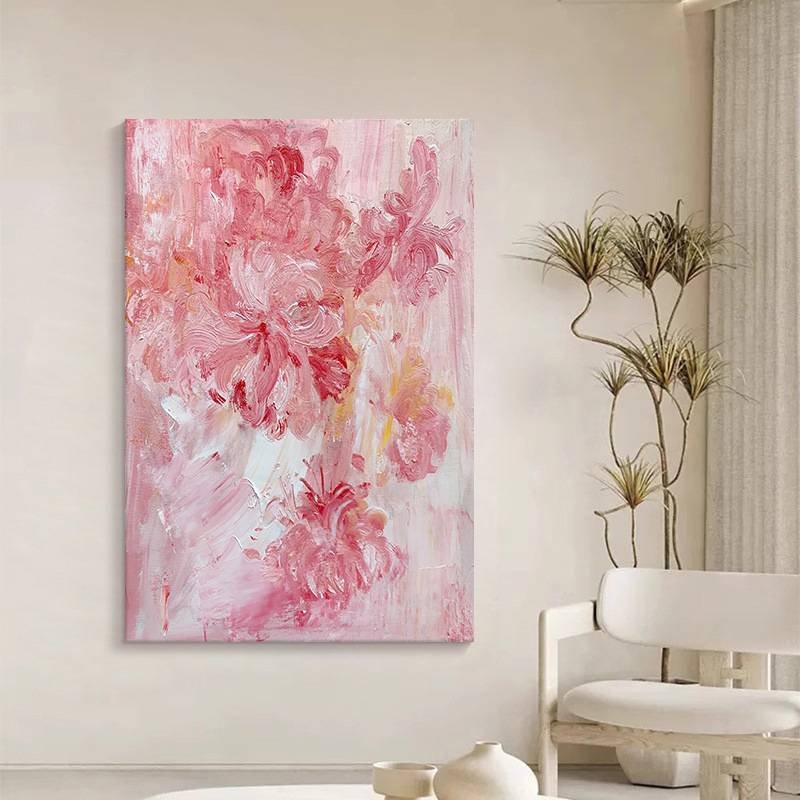 顺丰抽象牡丹花纯手绘油画奶油风玄关装饰画客厅餐厅粉色花卉肌理图片