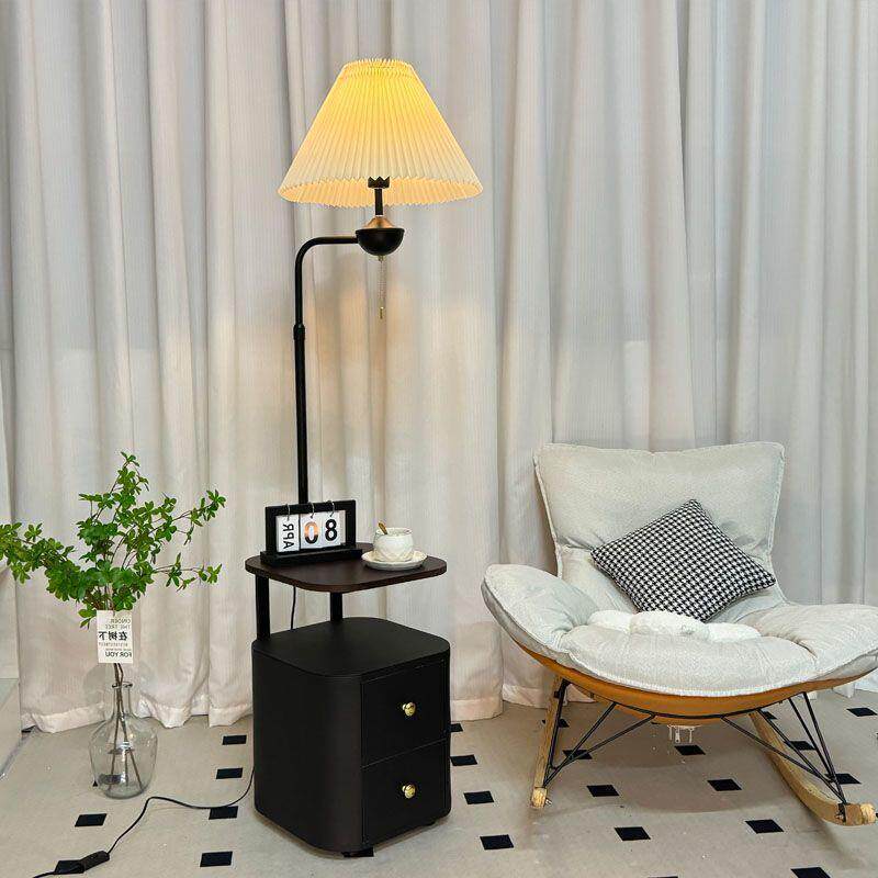 中古风客厅落地灯沙发旁边置物架摆件美式复古卧室床头柜一体台灯