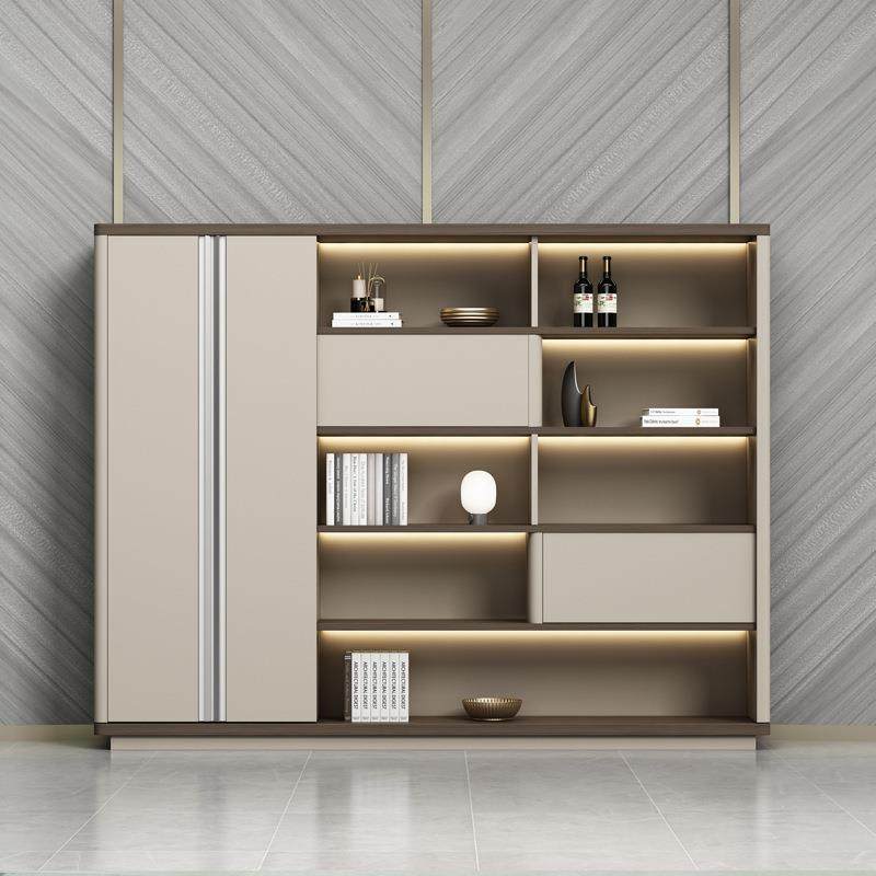 轻奢老板文柜料柜木质VBW储柜件物柜简约现代资档案带灯背景柜组