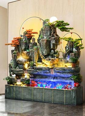 大观型落地假山流喷泉鱼PHT缸客厅水风轮景户外玄关高山循环水水