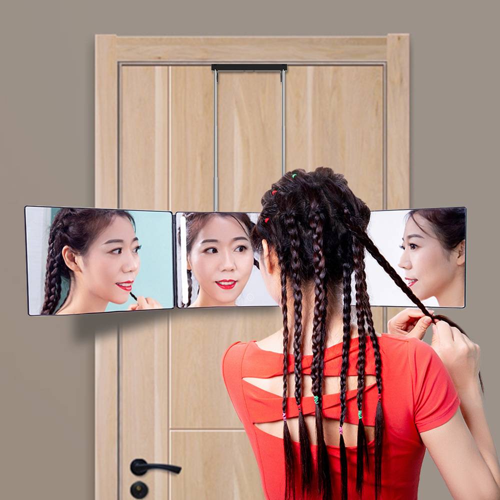3 way mirror 三折镜可伸缩挂钩悬挂镜理发三面折叠化妆镜led