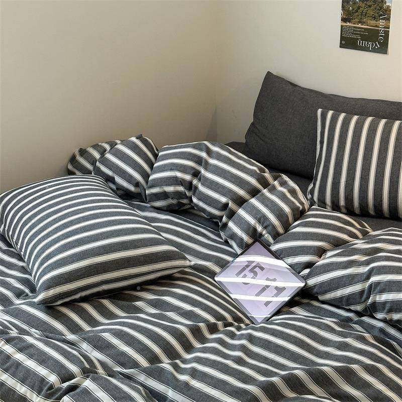 复条纹四件套全棉纯棉件10套0OVU水洗棉床单被套男学生宿舍床上三