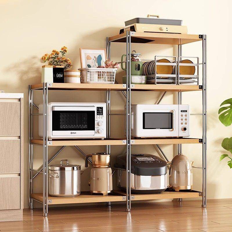 日式置物架家4nRih2id层收纳架落地书架厨房多微波炉储物餐用原木