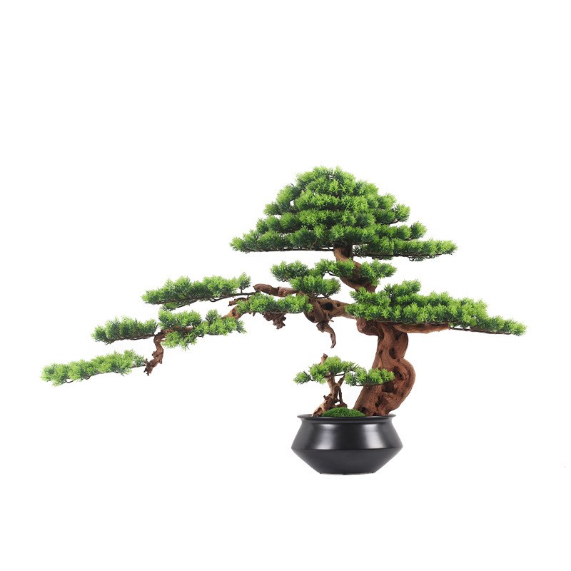 中式迎客松室内植物罗汉松摆件酒店装饰玄关样板间假松树仿真盆景