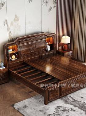 中紫檀木实木床主卧室高储端式雕FSO花大床头带1.8m物2米双人灯婚