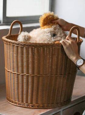 编织收纳筐仿藤编提脏手衣ZAI篮圆形衣服浴室塑料衣物篓衣篮脏洗