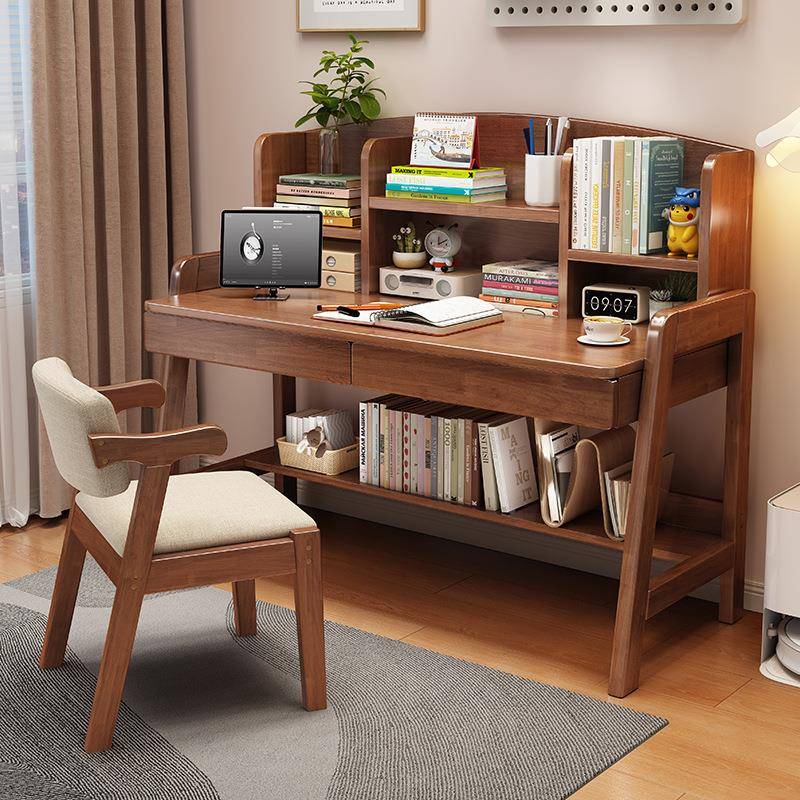 实木墙儿童学习中用小学生家书桌桌书663#架一体桌卧室可升降靠写