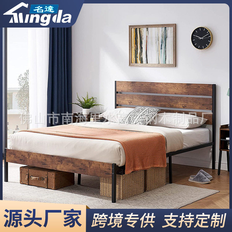 美式复古双人钢木铁架床