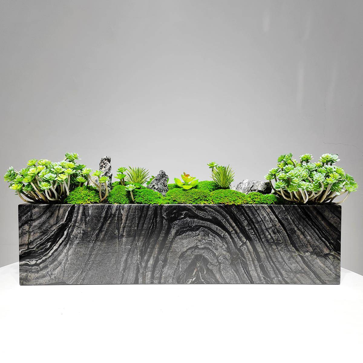 新厅中式现代轻奢大BTL理石永生苔藓绿植会微景观盆景客茶几摆议