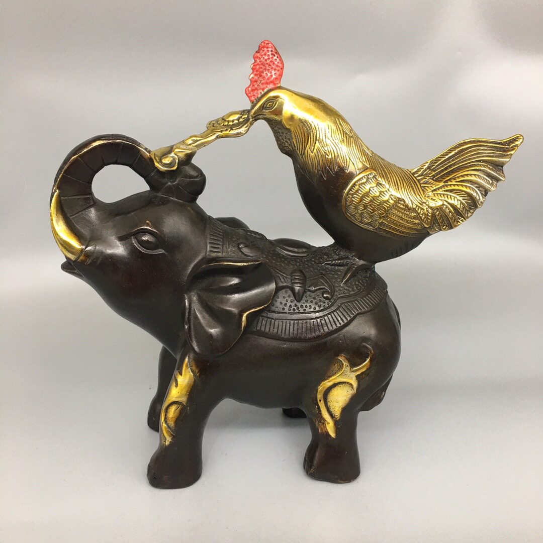 仿古铜包浆鸡象如意摆件铜鸡铜大象铜吉祥(鸡象)