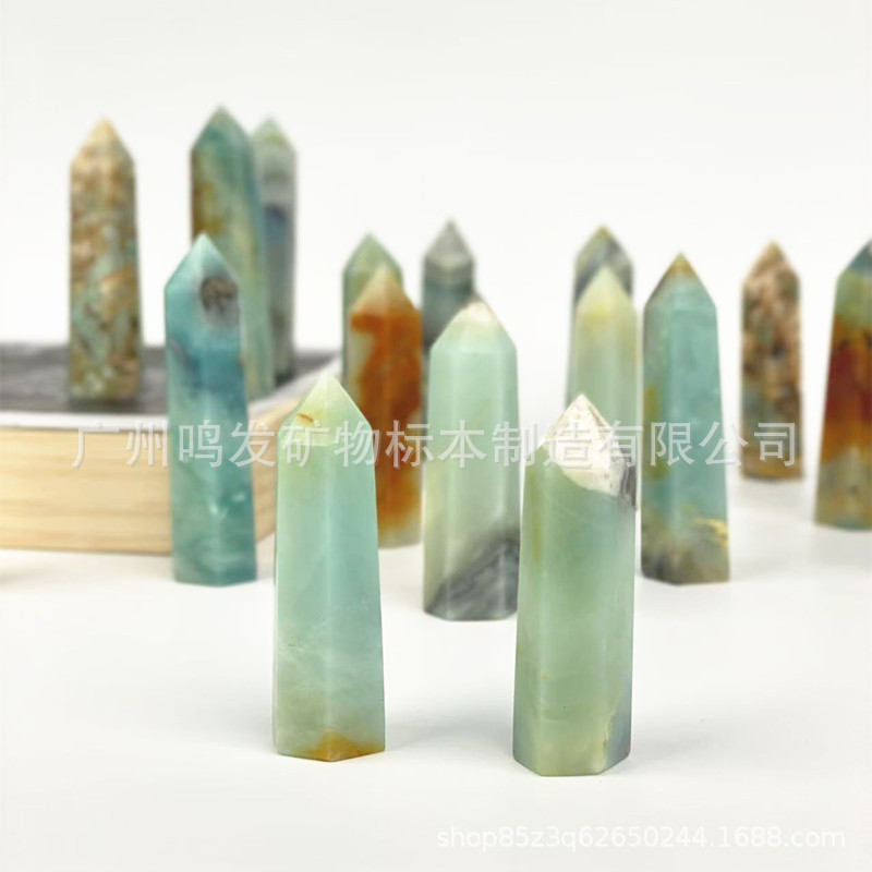 跨境热销天然水晶单尖六棱柱子多种材质贵翠能量柱水晶原石打磨