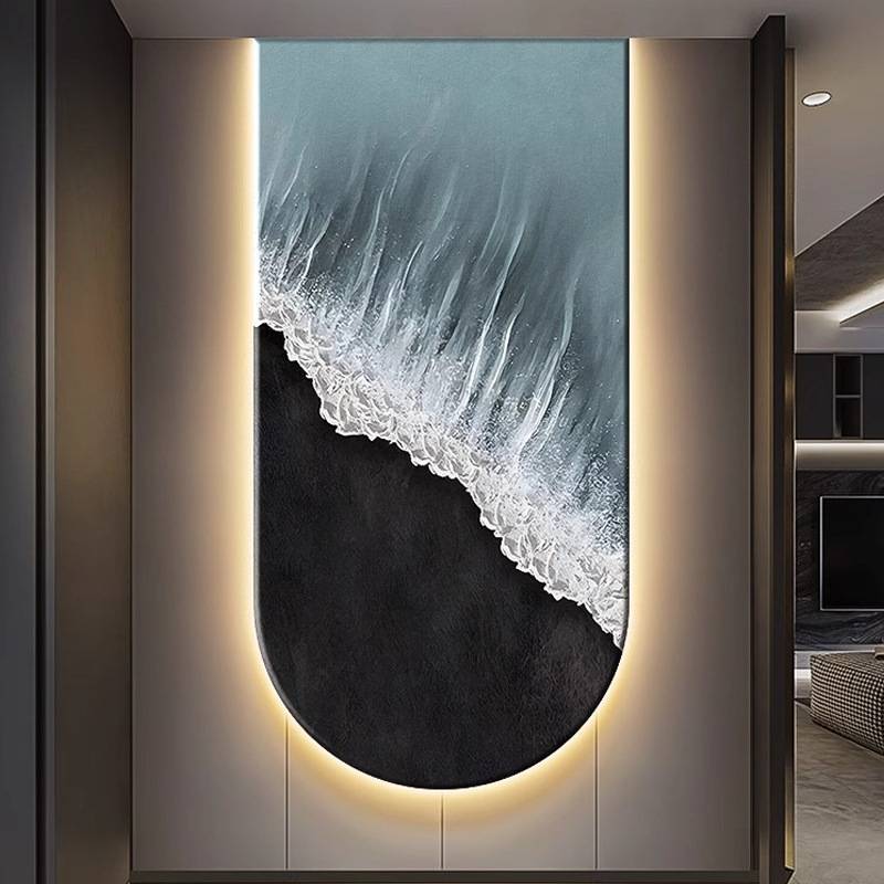 抽象海浪玄关装饰画走廊过道客厅拱形挂画黑白灰入户带灯发光壁画
