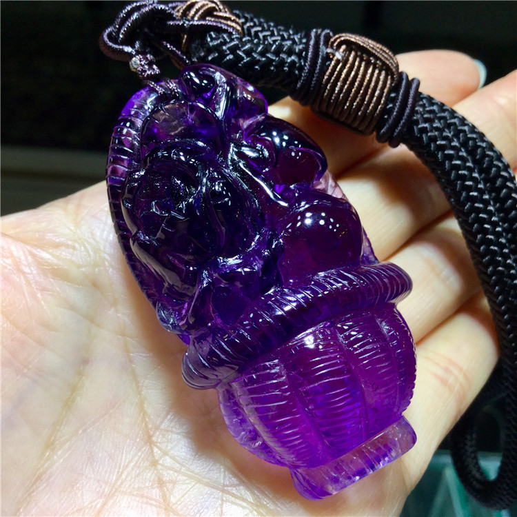 东海水晶天然紫水晶花篮百宝篮花开富贵手把件把玩件