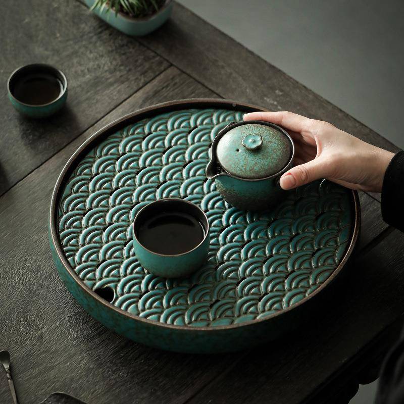 日式圆形干茶小号茶台手工陶瓷简约SCJ号储水泡盘茶盘大壶承茶仓