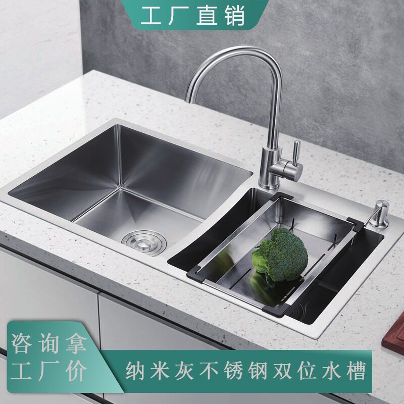 厂家直销精拉丝304不锈钢手工单槽含龙头下水器沥水篮