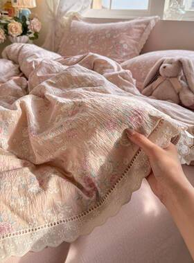 云感双层纱镂空边被套单床RBY套包床笠四花件套学生床三件厂