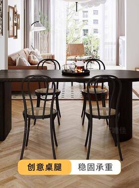 KYA法式复古实木餐桌黑色椅户半圆弧形家用小型饭桌靠墙中古餐桌