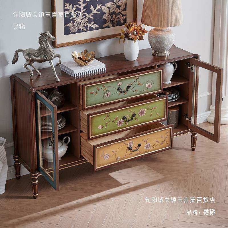 美式餐边柜酒柜茶水柜实柜子储木物653靠墙家用复家玻古带璃备餐