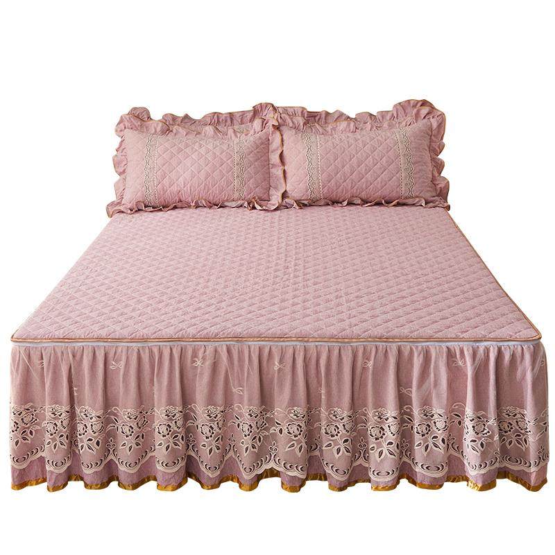 9件QX加C可拆卸床576床裙式笠三套夹棉厚蕾丝花边床罩床围带裙边