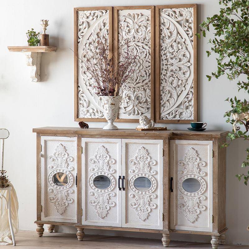 白色带镜子厅纳柜复雕花客厅柜子GSZ民宿餐样板间装古饰储收物柜