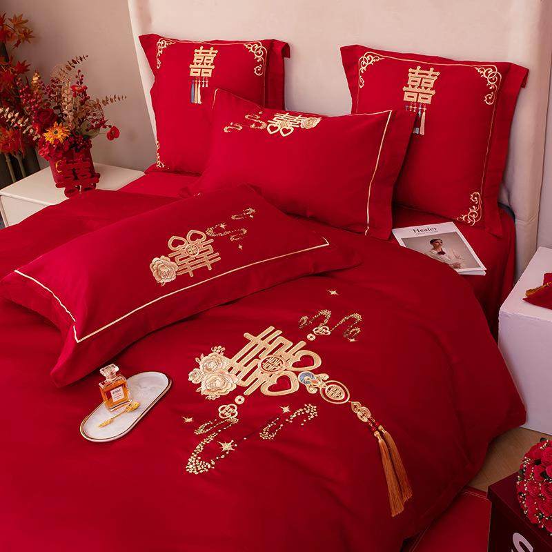 秋件冬新款长绒棉房四套婚礼纯棉婚毛加厚结ZGH婚床单磨被套床上