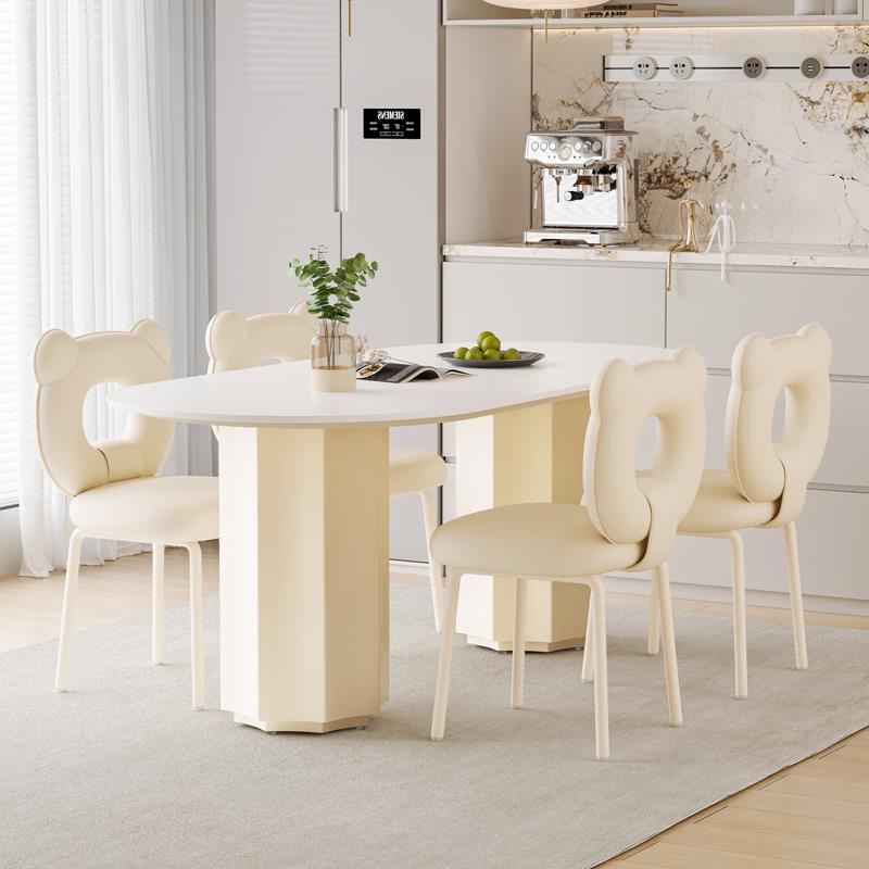 5V奶油风餐桌轻奢现代家简约F77S5J8H岛5台板餐桌椅202新款椭圆岩