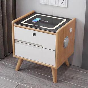全用实木意式简约智能无纹线充电床柜指锁多功能头家床头柜一体柜